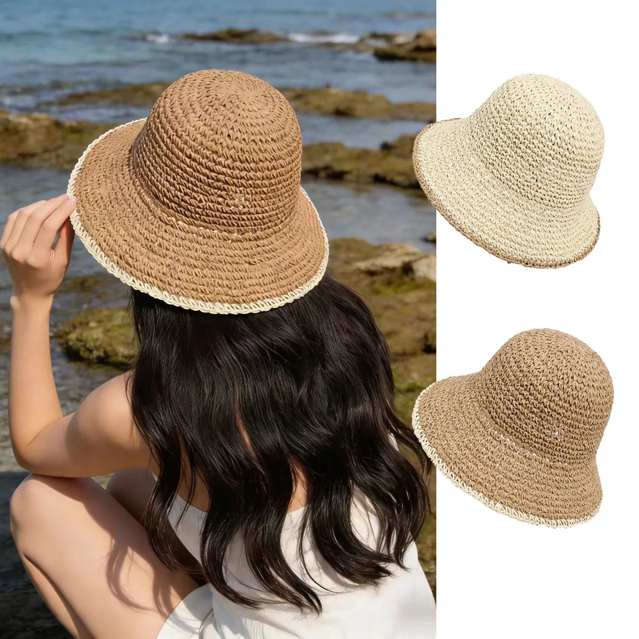 

Open-weave breathable sun-protective straw fishing hat / Beach vacation casual versatile foldable