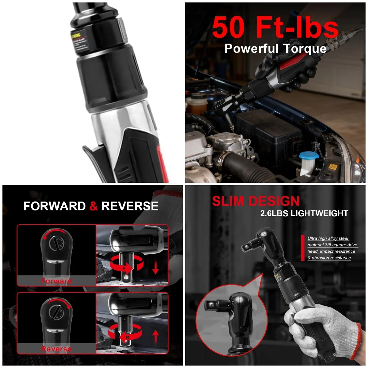 

3/8' Professional Air Ratchet Wrench Set with 1/2' Adapter, Pneumatic Impact Wrench, 50 Ft-Lbs