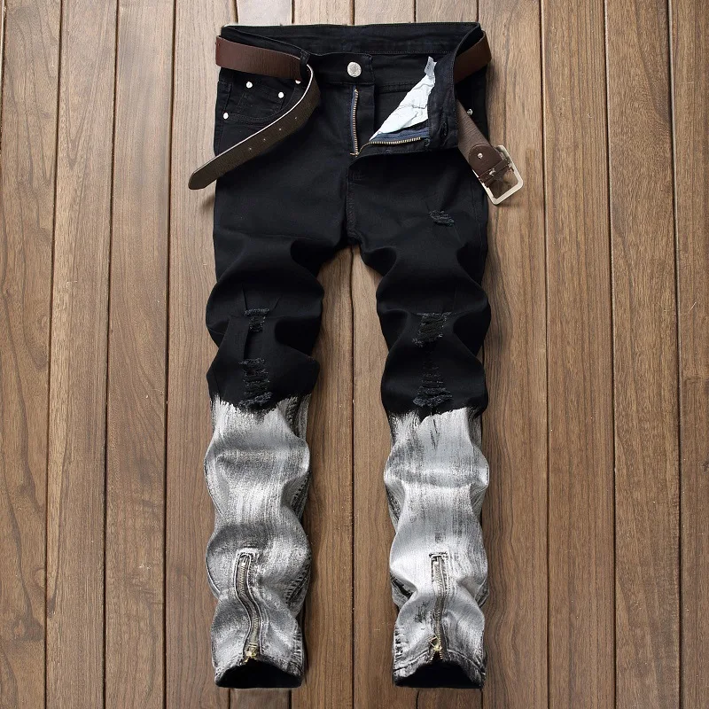 Broken Coated Ripped Jeans Men High Quality Cotton Trousers Zipper BIKER Jeans Cowboy Denim Trousers Black White Patchwork