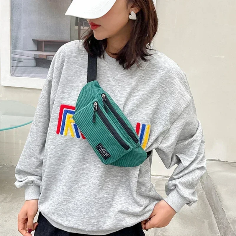 Corduroy Women\'s Waist Bag Small Canvas Ladies Casual Shoulder Crossbody Bags Fashion Fanny Pack Female Solid Color Chest Bag