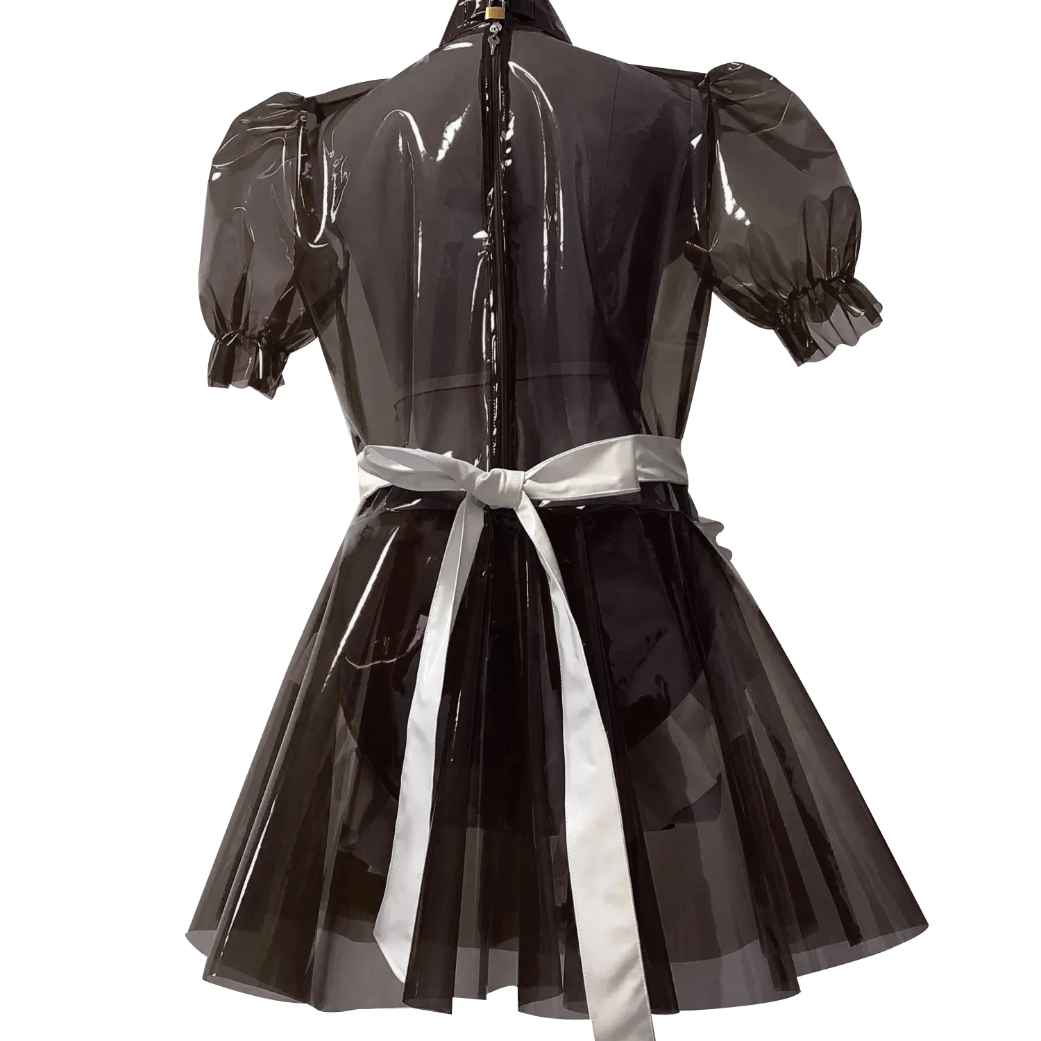 Transparent Black With White Sexy Latex French Maid Uniform Puff Sleeve Rubber Fit And Flaret Skater Dresses Zipper LYQ-0380