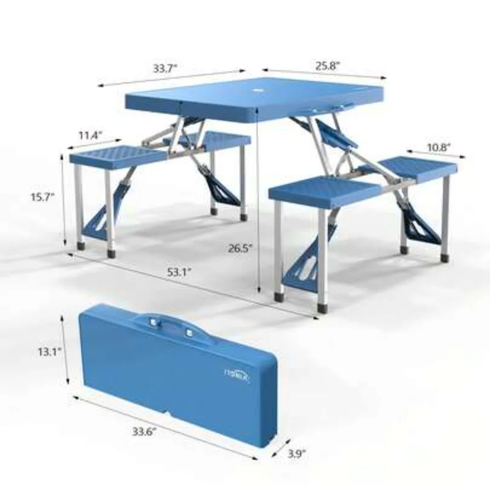 4 Ft Folding Camping Picnic Table Set with 4 Seats, Umbrella Hole, Aluminum Frame, 220 Lbs Capacity, Portable Suitcase Design, Plastic Tabletop for BBQ, Travel, Outdoor Gathering