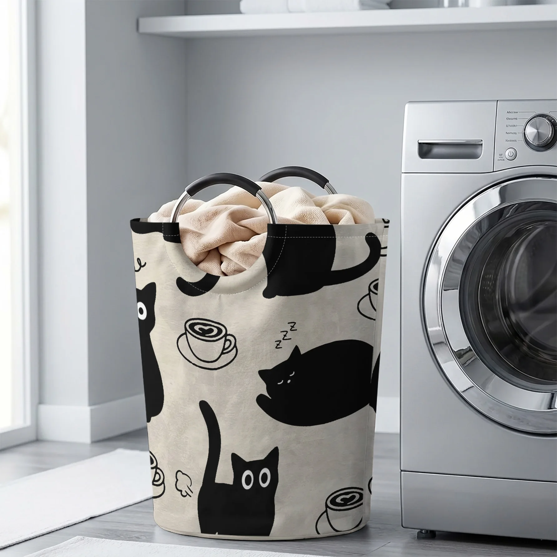 Black White Cats And Coffee Cup All‑Over Print Handheld Storage Basket, For Laundry, Bedroom & Home Sundries Storage