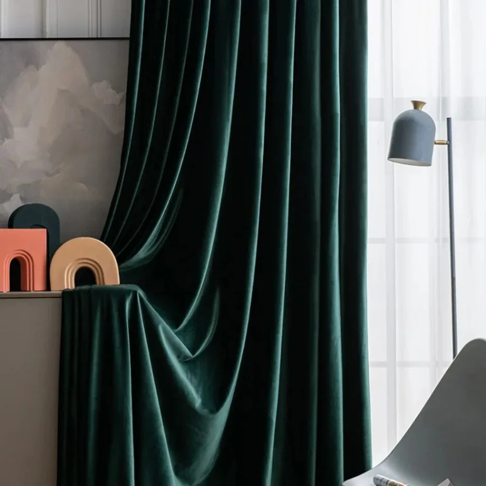 

Vintage Dark Green Blackout Velvet Luxury Curtains for Living Room Bedroom Solid Color Thicken Window Shade Curtain Customized
