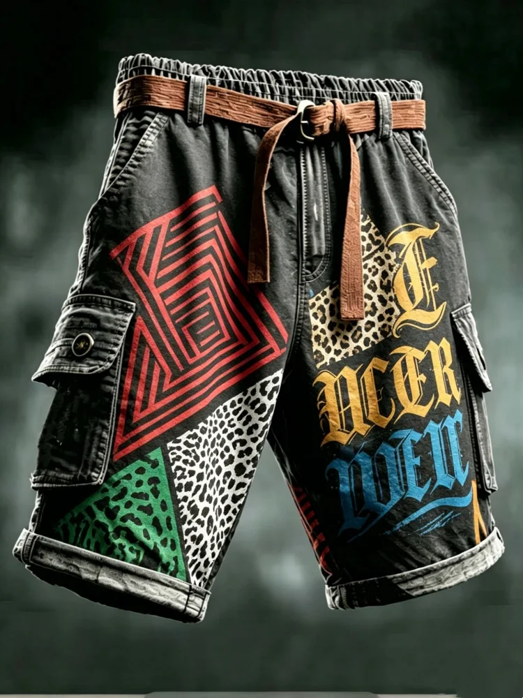 

Mens Cargo Shorts Gothic Leopard Print Loose Fit Streetwear Casual Shorts with Belt