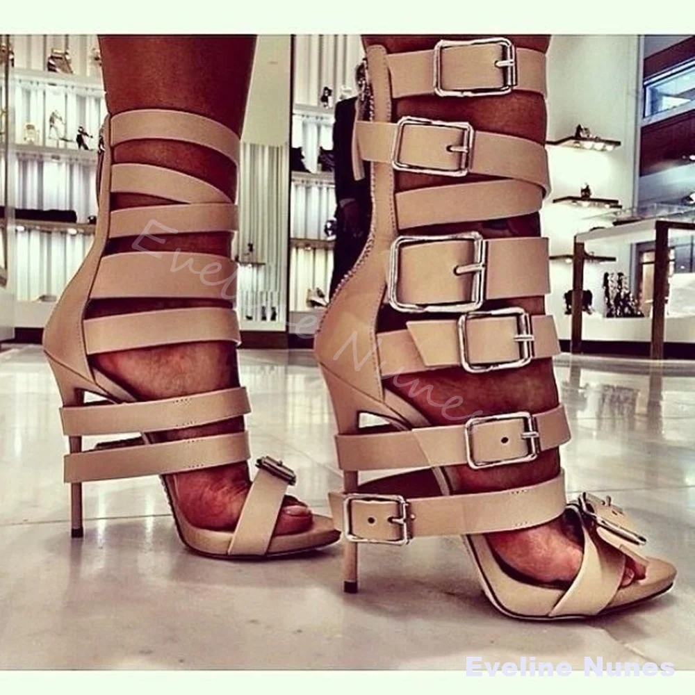 Fashion Belt Buckle Runway Sandals Women Peep Toe Hollow Stiletto Heel Party Sandals 2026 New Brown Sexy Luxury High Heels - view 5
