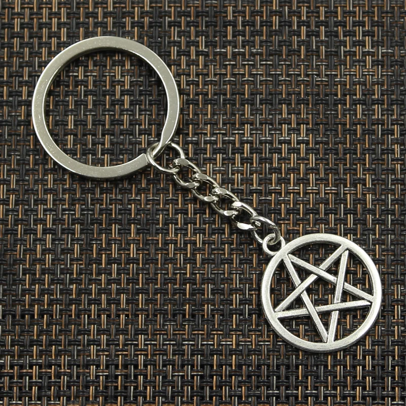 Fashion 30mm Key Ring Metal Key Chain Keychain Jewelry Antique Silver Color Plated Star Pentagram 24x24mm Pendant