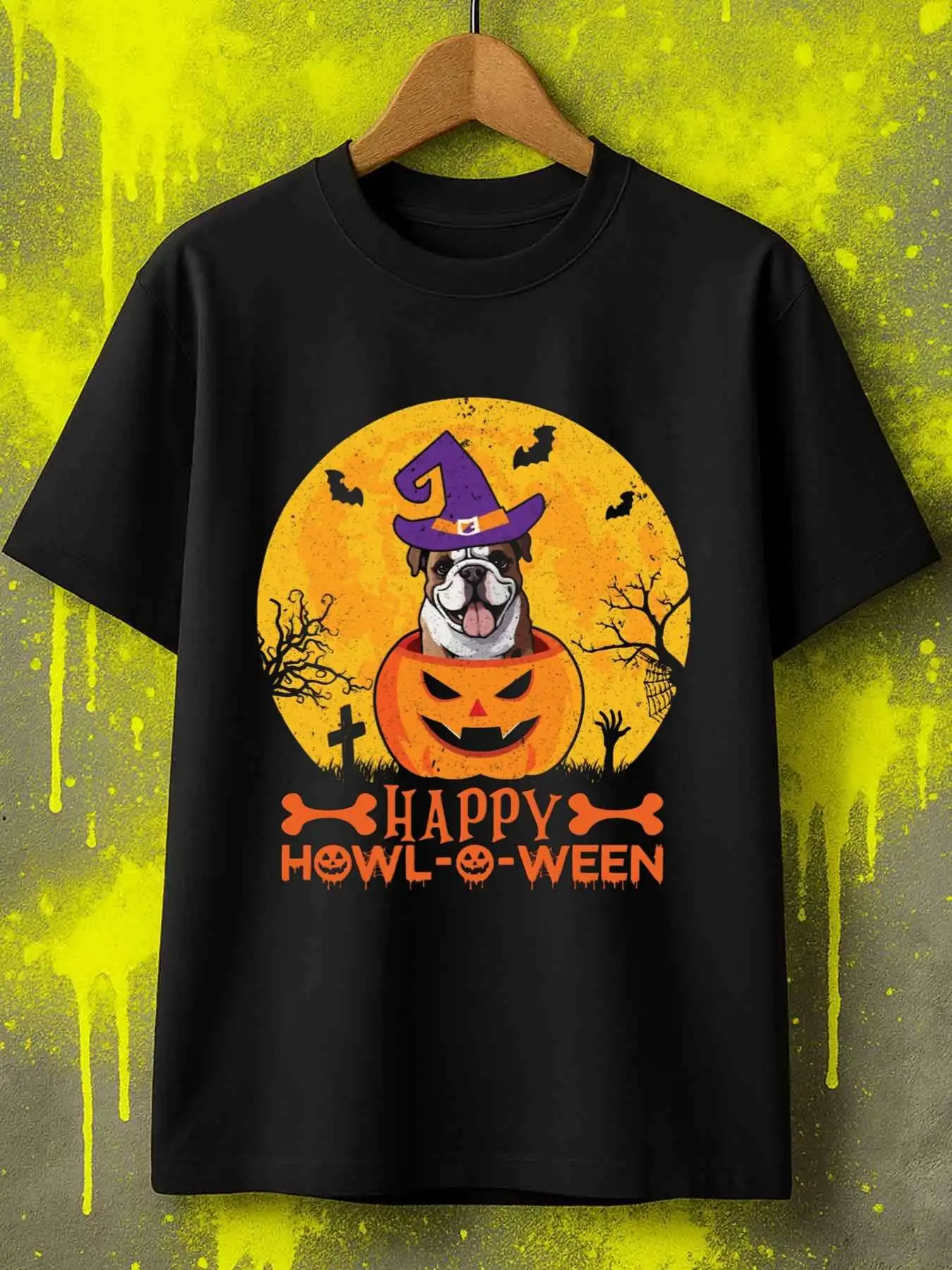 Funny Men's Black Graphic T-Shirt Dog Pumpkin Witch Hat Bat Moon Happy Howl O Ween Vintage Graphic 100% Cotton Heavyweight Short Sleeve Casual Streetwear Tee
