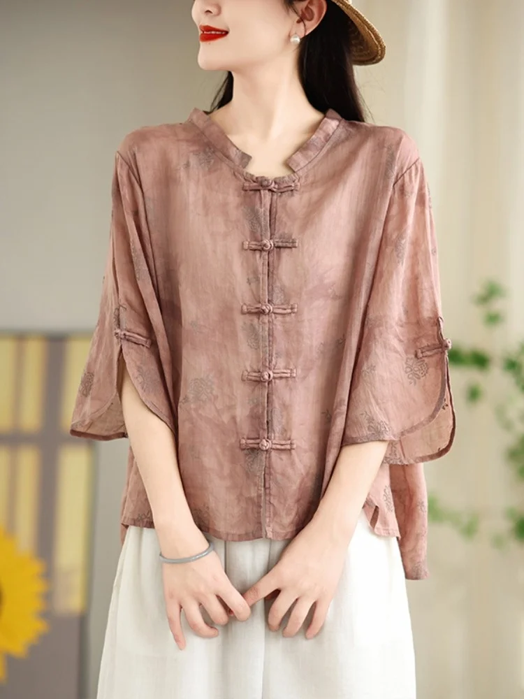

New Chinese Sle National Trend Flax Stand Collar Button Printed irt Women Summer Hem Pleated Split Thin Linen Top