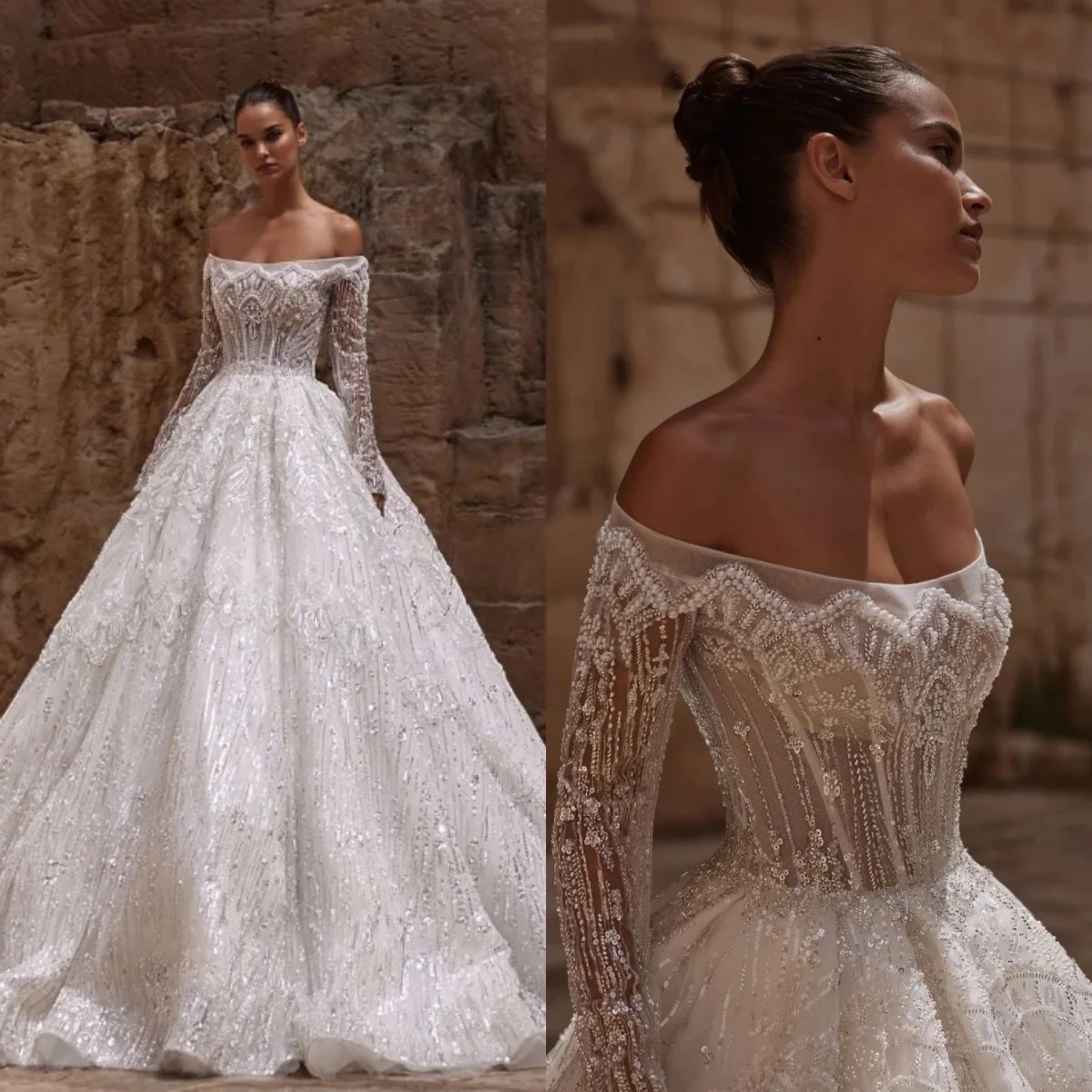 

Gorgeous A Line Women Wedding Dress Off Shoulder Long Sleeves Bridal Gowns Sequins Pearls Sweep Train Dress Custom Made