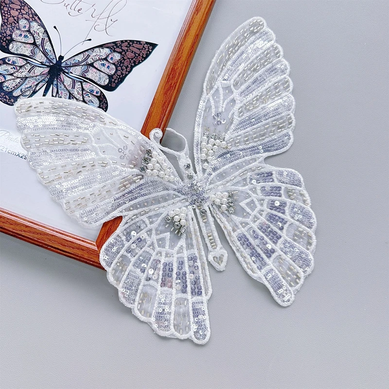 White mesh embroidery beaded butterfly patch dress clothing DIY decorative patch accessories