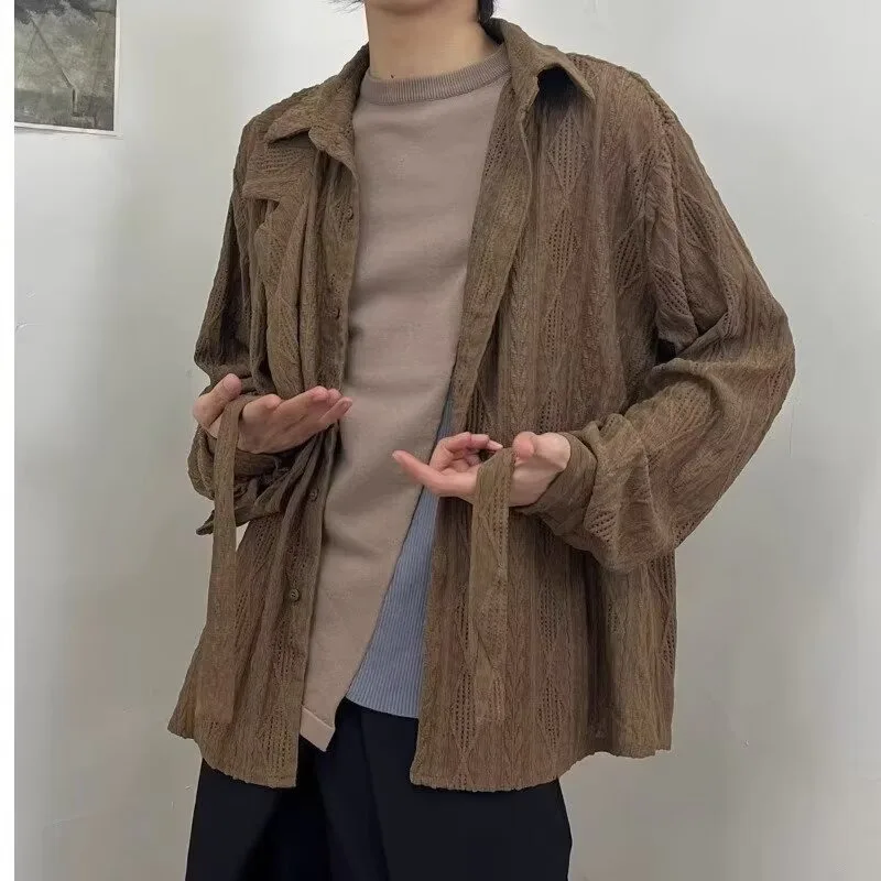 Man Japanese Restore Ancient Ways Jacquard Weave Shirt Long Sleeve Shirt Design Feeling Hollowed Out Upper Garment Autumn  Men