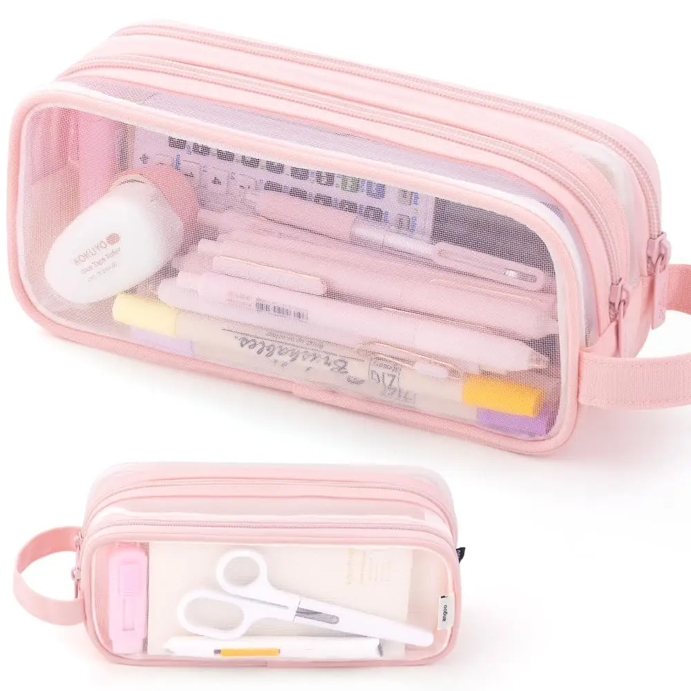 Large Mesh Pencil Case Double Layer Transparent Pencil Pouch, Handheld Multifunctional Cosmetic Bag, Suitable for School Office