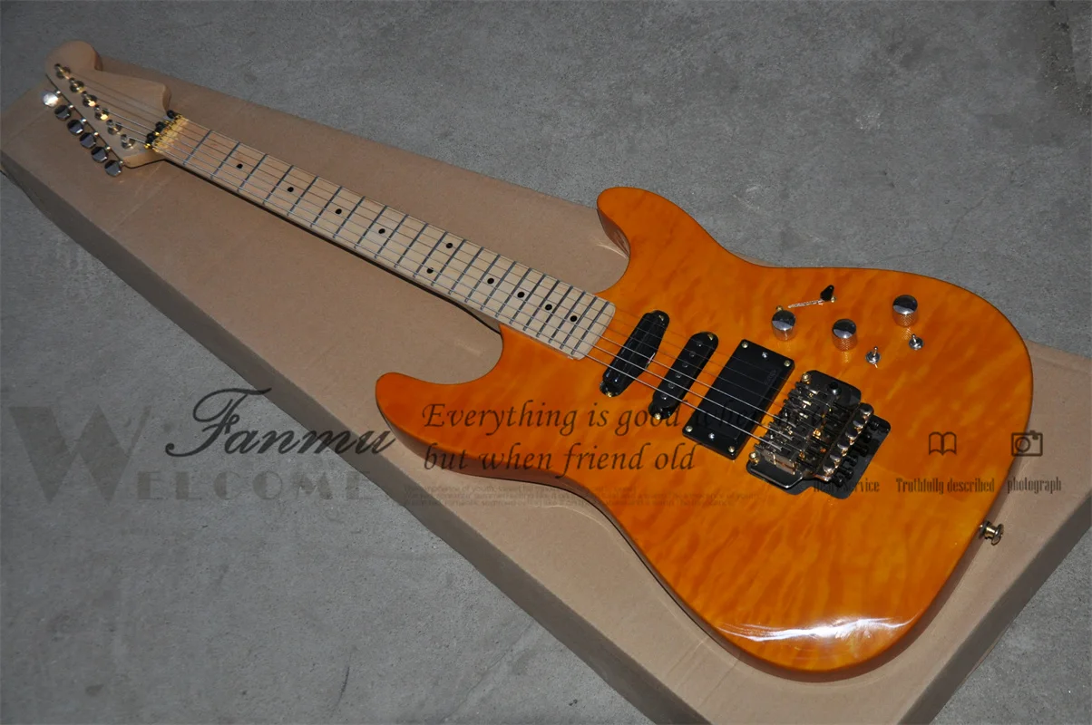 Yellow Electric Guitar PC Guitar Maple Neck Basswood Body Flamed Maple Top Tremolo Bridge Gold Tuners Mini Switch