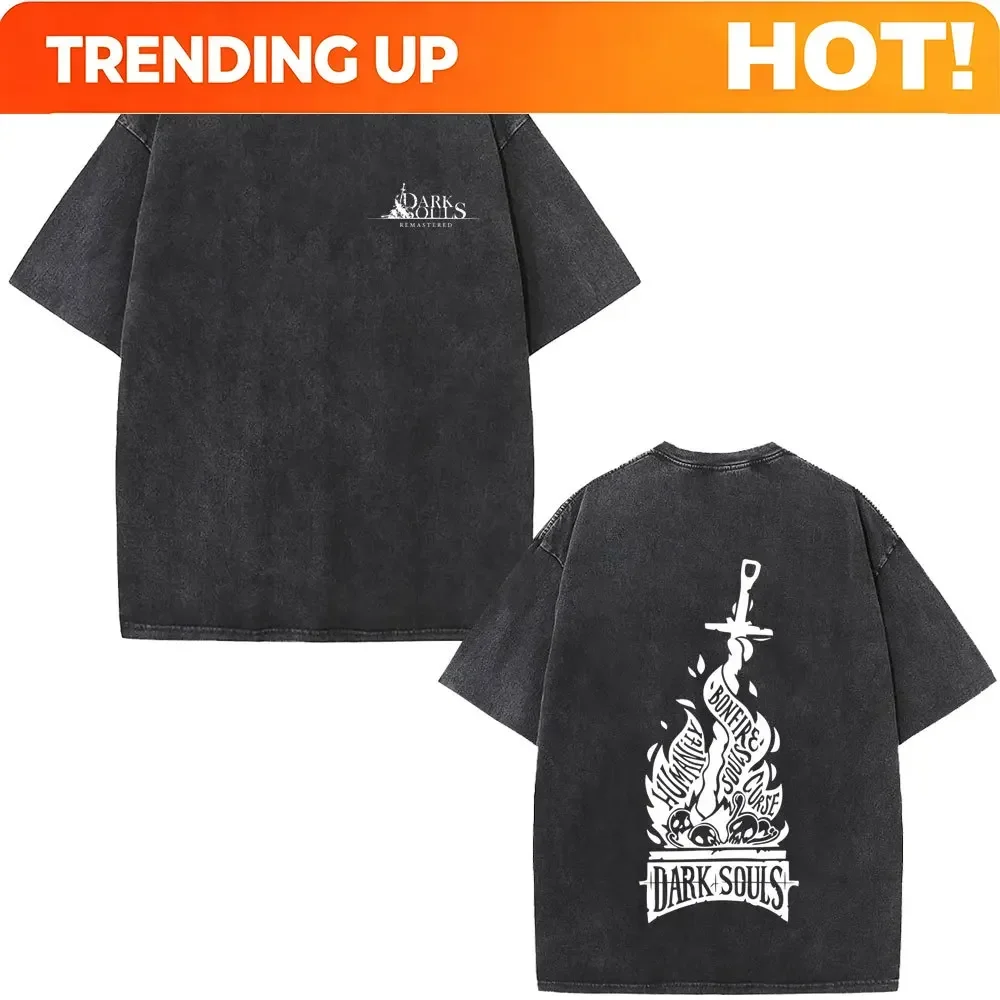 Customization Shirt Washed Vintage Game Dark Souls Double Sided Print T-shirt Men Women Retro Gothic Rock T-shirts Men's Casual