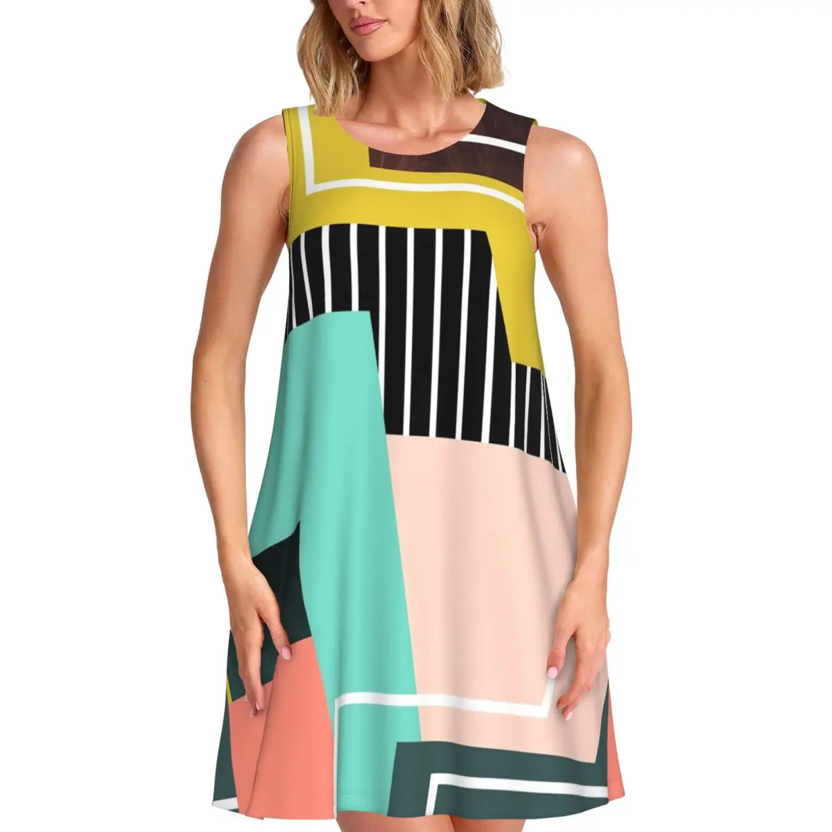 Abstract ColorBlock Tank Dress Stripes Print Street Wear Dresses Summer Pattern Kawaii Dress Hot Sleeveless Vestidos Plus Size