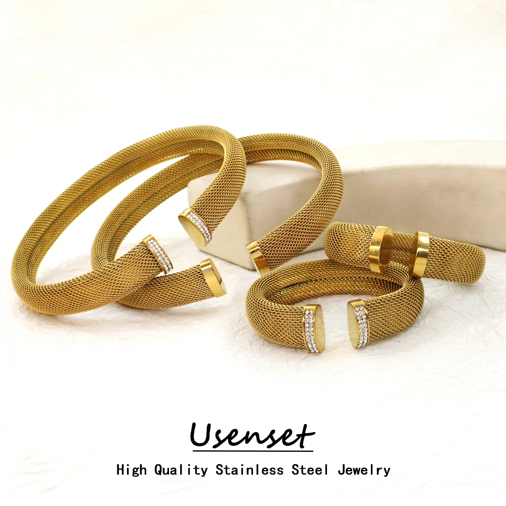 USENSET 2 Style Exquisite Mesh Stainless Steel Jewelry Set Women's Personalized Pierced 18K Gold Plated Thick Cuff Bracelet