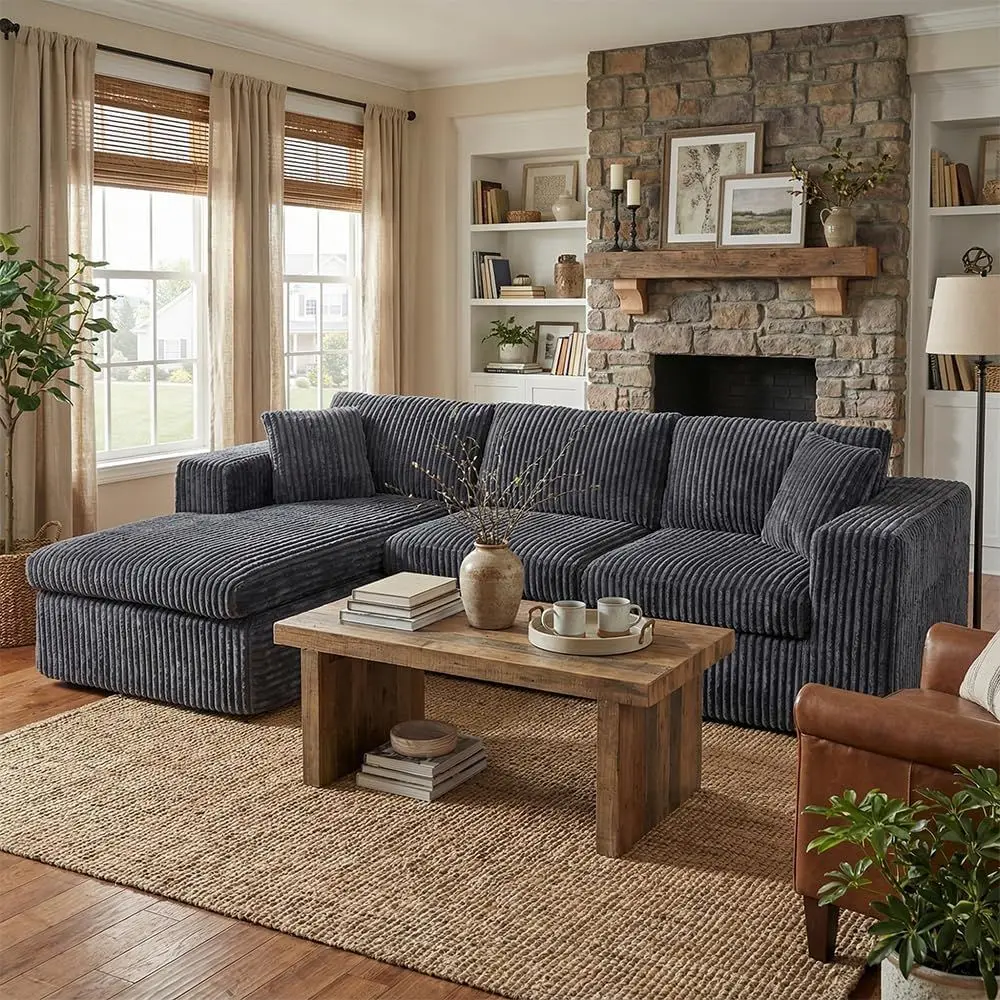 

105" ular Sectional Soa, BonelL Shaped Couch with Deep Seat, Cloud oam Couch with Oversized Chaise, Plush Cordurory Soa No Assem