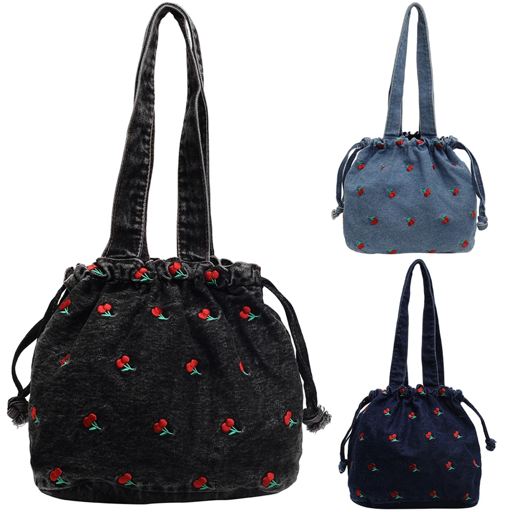 

Women Denim Shoulder Bag Drawstring Tote Bag Embroidered Cherry Handbag Hobo Bag Commuting Shopping Bag