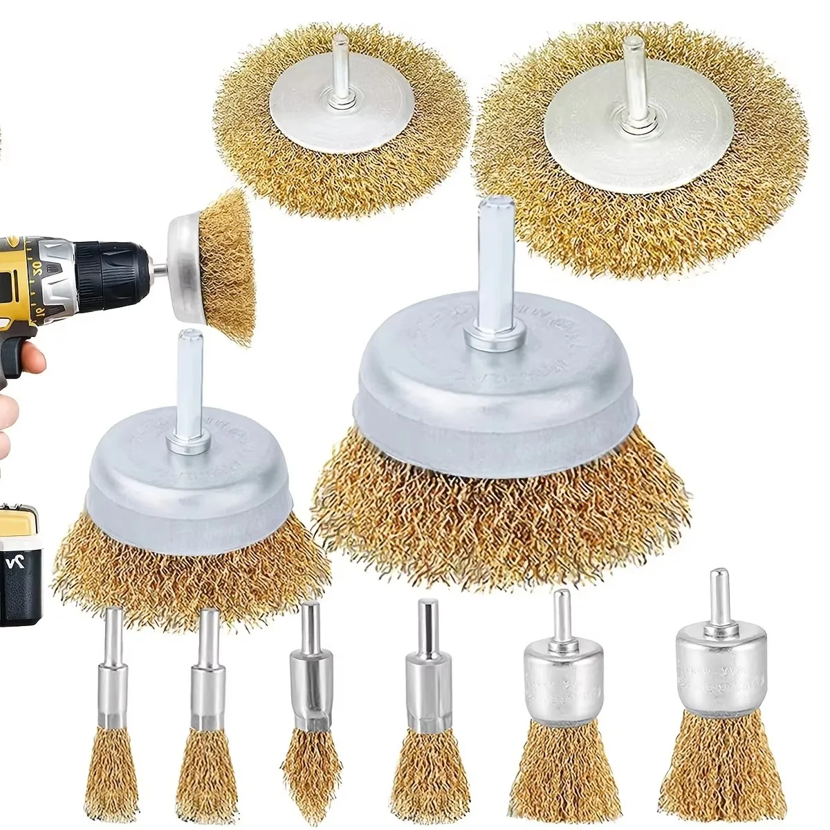 Conjunto de Escovas de Arame de Aço Tipo Roda e Copo, Pacote com 10 Escovas de Arame Onduladas Grossas com Haste de 1/4 de Polegada para Acessório de Furadeira