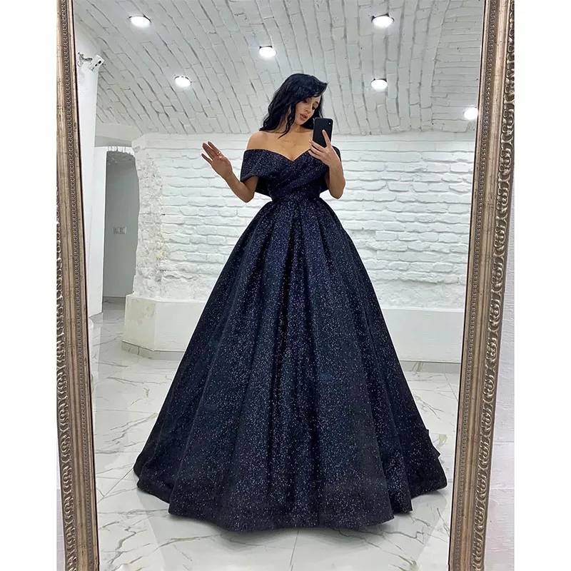 Dark Navy Evening Dresses elegant off shoulder sequins Formal Occasions Prom Dress for Special Occasion Robe De Soiree