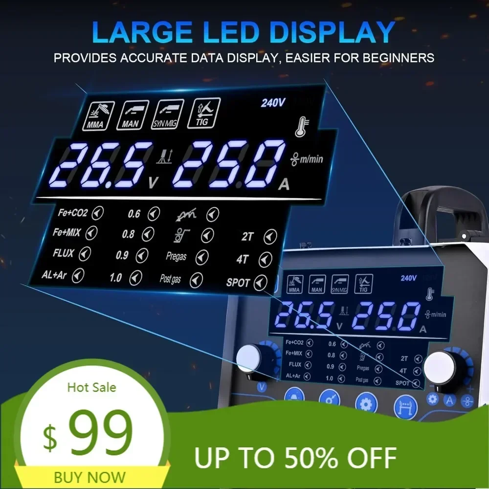 

reboot mig welder, 250amp 6 in 1 gas/gasless flux core mig/stick/lift tig/spot welding/spool gun 120v/240v aluminum multi proces