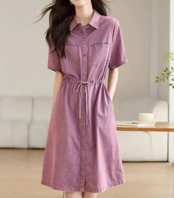 

Thin Denim Skirt, Loose Fit Casual Dress, Summer Fashion, Solid Color, Lapel, Button, Drawstring, Waist Cinched Denim Dress