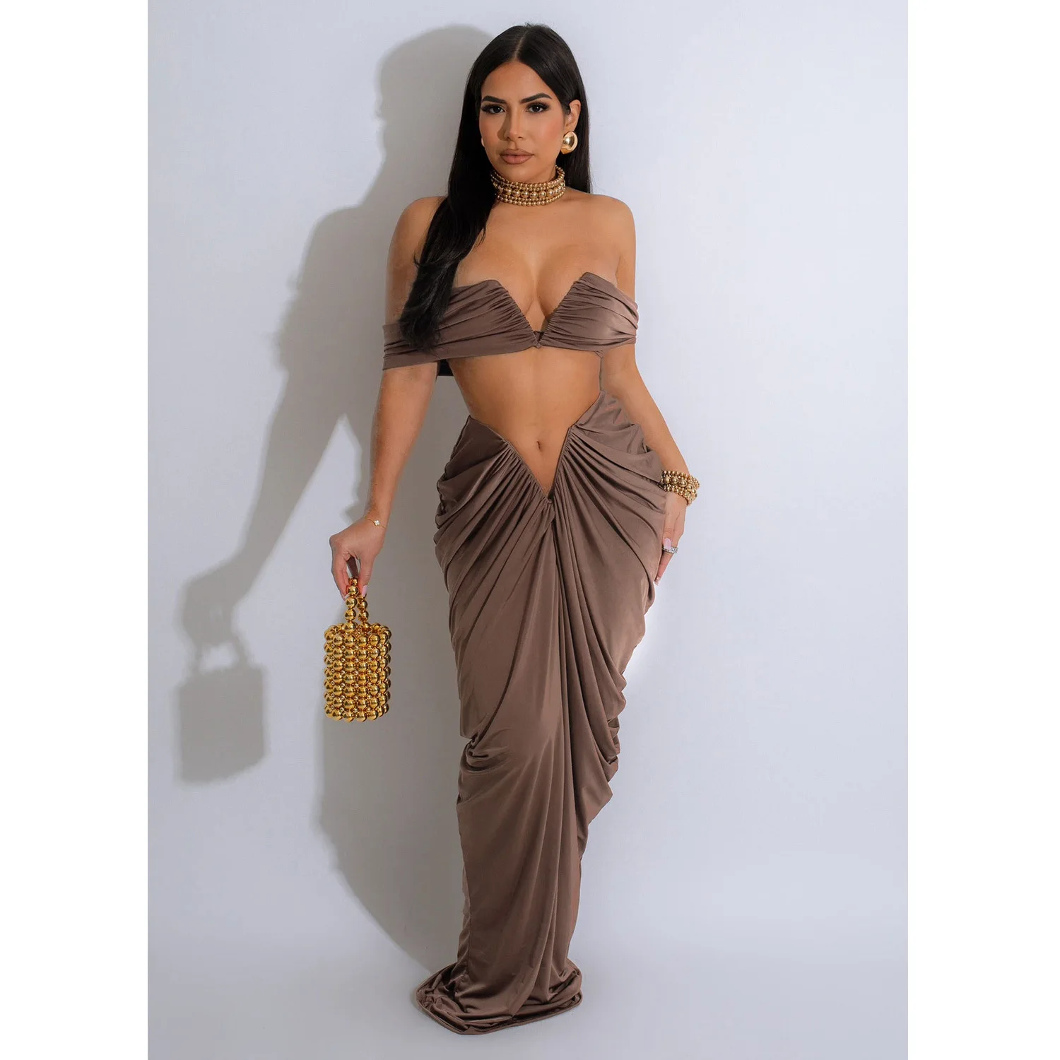 New Fashion Women's Pleated Set Summer Strapless Top And Slim-Fit Maxi Dress Suit Solid Color Ladies Two-Piece Outfits