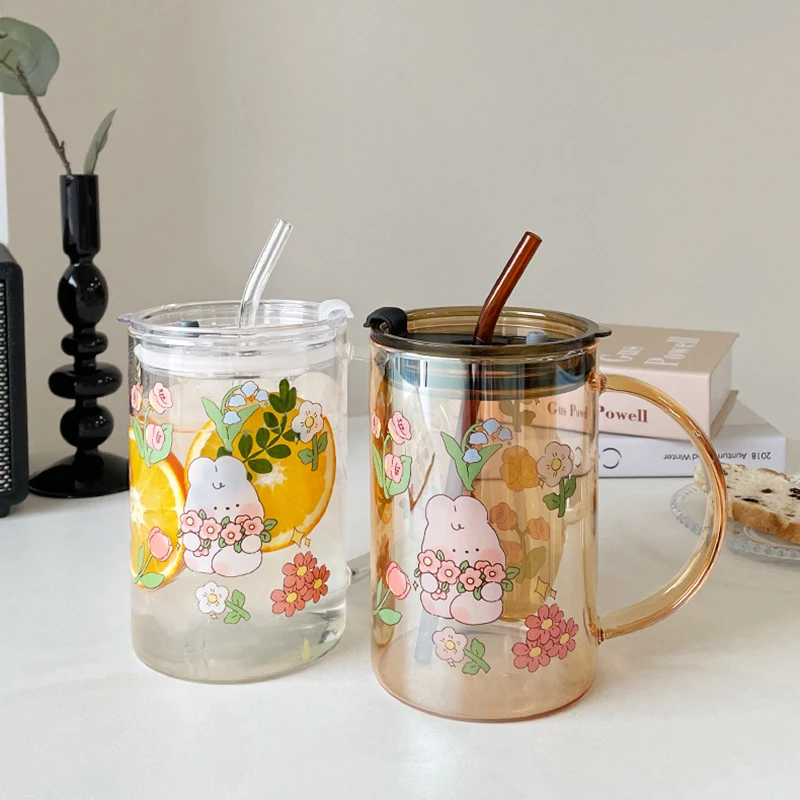 Cute Bunny Glass Cup With Lid Straw Kawaii Coffee Mugs Big Milk Beer Wine Drinking Glasses Korean Water Juice Cup Drinkware Gift