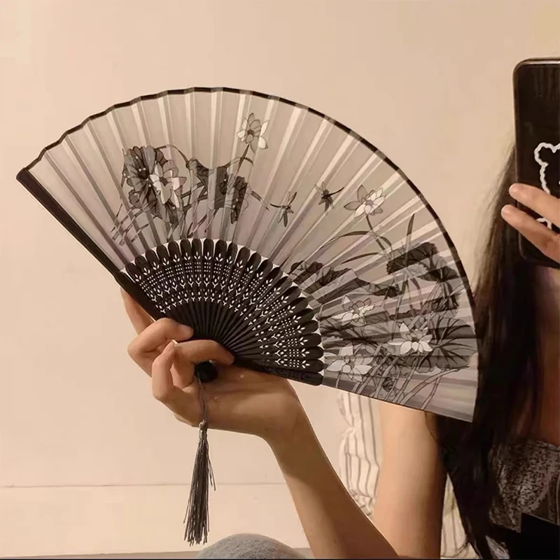 Retro Ink Orchid Silk Folding Fan New Chinese Style Ancient Lotus Hand Fans Close Friend Gift Classic Hanfu Decorated Crafts