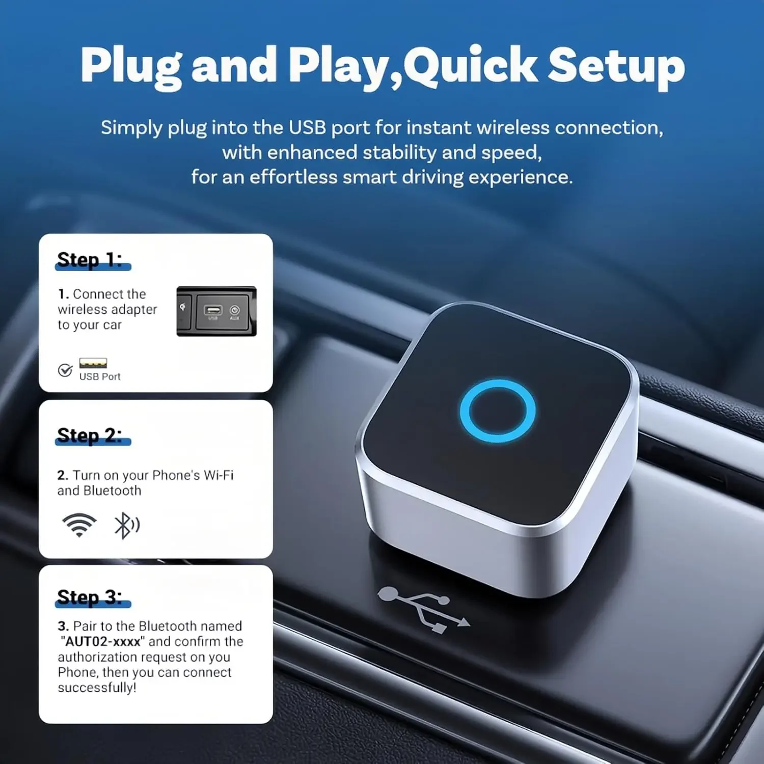 Adapter 2 w 1 Bezprzewodowy CarPlay i Android Auto Smart USB Dongle Automatyczne Podłączenie Plug & Play dla iPhone'a i Androida do Samochodów z Fabrycznie Zaprogramowanym Systemem