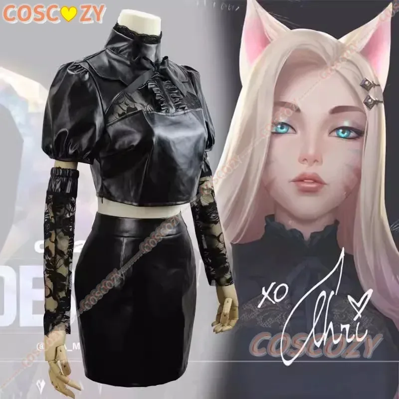 Ahri تنورة جلدية سوداء مثيرة KDA All Out Ahri أزياء تنكرية شعر مستعار للنساء أزياء حفلات الهالوين مجموعة آذان الشعر
