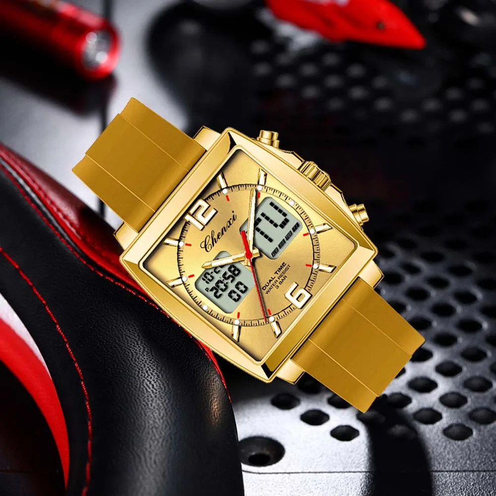 

Новые многофункциональные мужские кварцевые часы CHENXI с отображением даты, водонепроницаемые, с силиконовым ремешком, двойной цифровой дисплей, модные мужские наручные часы