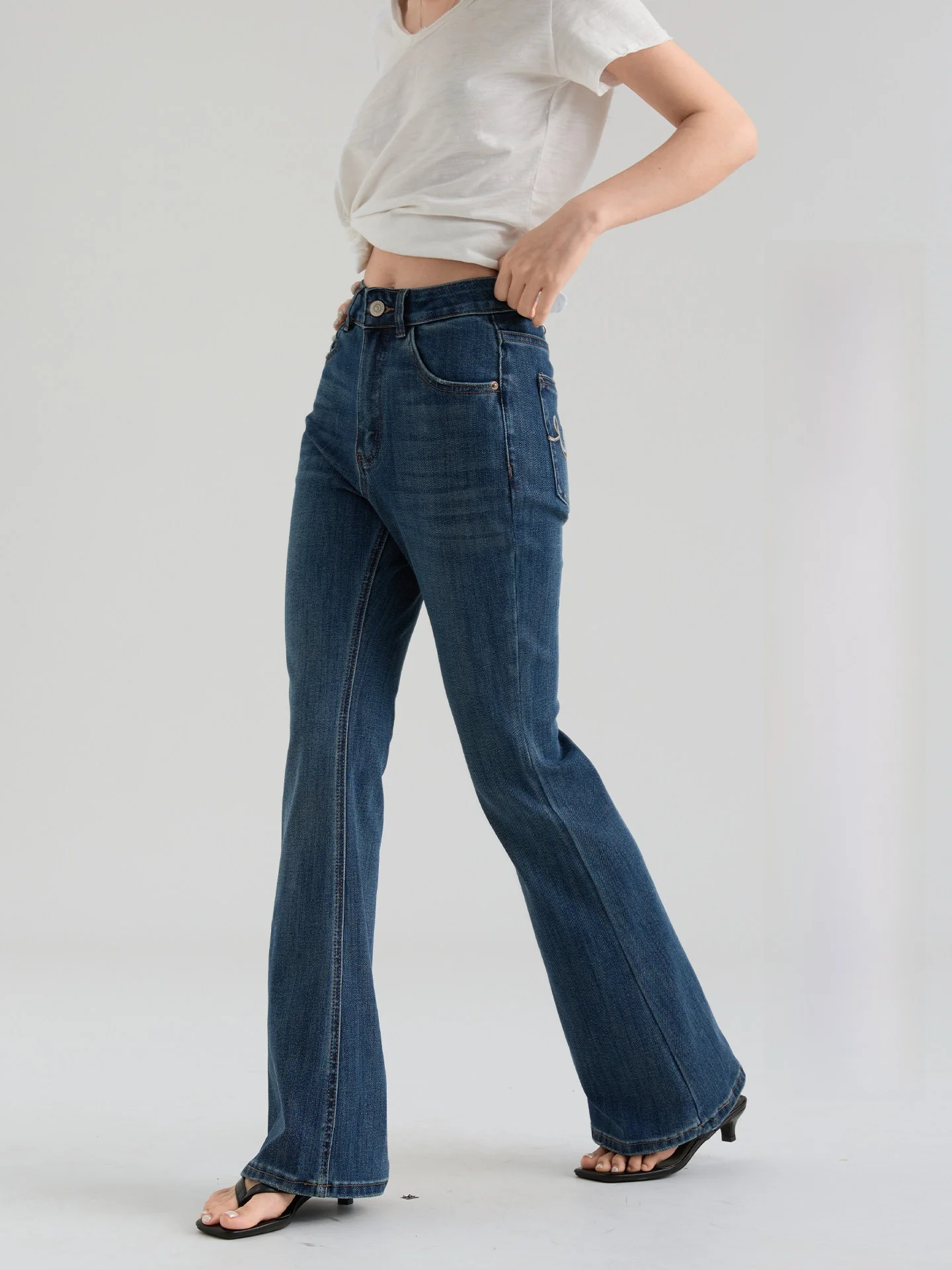 

Женские джинсы с высокой талией и расклешенными штанинами, эластичные в четырех направлениях, утягивающие, повседневные брюки Drawwind2026, летняя новинка, хлопковый деним