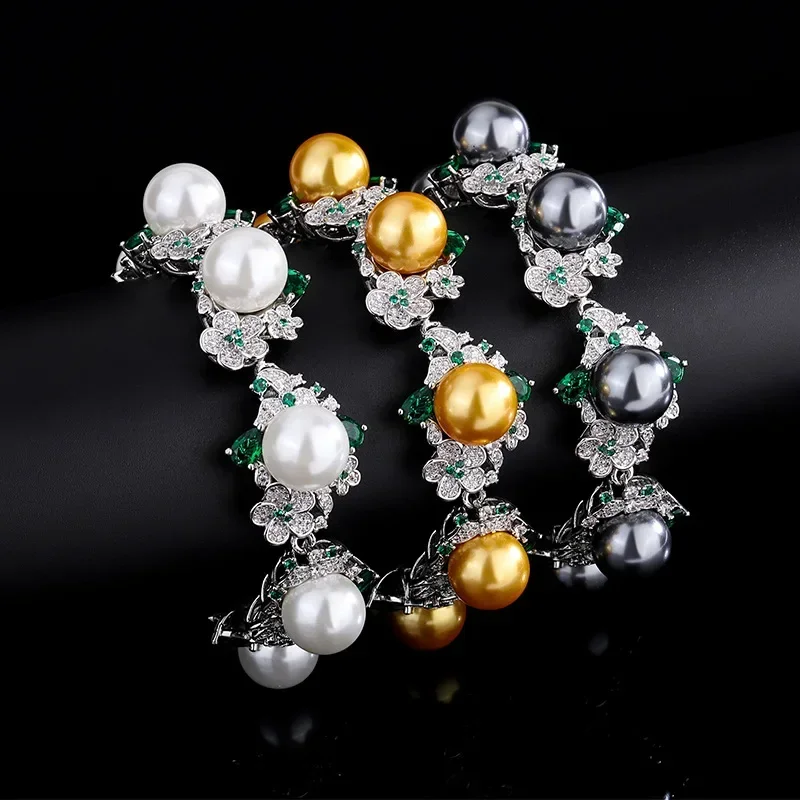 

2023 New High Quality Bridal Accessory Austrian Palace Flower Tahitian Pearl Bracelet with Sea Gray Wedding Anniversary Gift