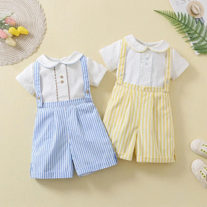 Kids Birthday Outfit Boys Short Sleeve Shirt Suspenders Pants Two Piece Sets Baby Summer Clothes Spanish Toddler Top Shorts Suit