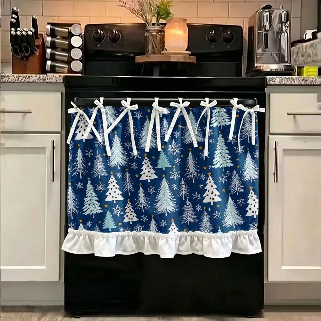 2D Flat, 1pc Retro Winter Curtain Suitable for Kitchen Stove Cover & Microwave Shield, Hanging Blocking Window Panel with Hanging System, Machine Washable Fabric for Home Appliance Protection & Decoration