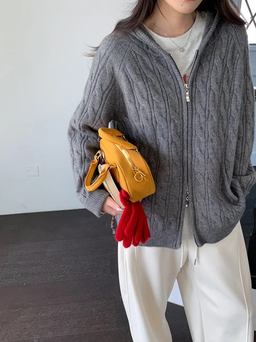 Mantel sweter berkerudung Fried Dough Twists ritsleting ganda desain baru awal musim gugur