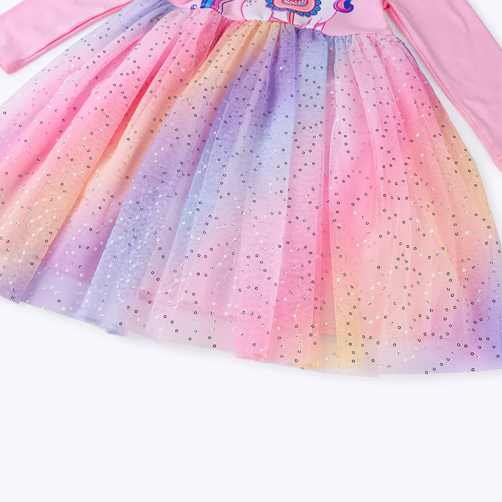 VIKITA Girls Tutu Dress Kids Unicorn Print Cartoon Dresses with Irregular Skirt Girls Birthday Party Prom Gown Long Sleeve Dress