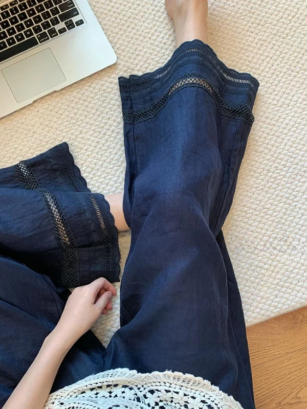 

plus Size Casual Pants for Women Summer Breathable Loose Wide Leg Pants Embroidered Lace Splicing High Waist Linen Trousers