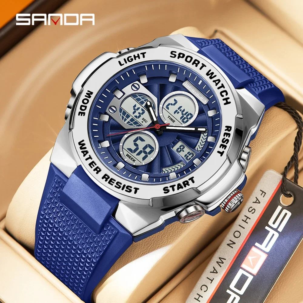 SANDA 3378 Nieuwe Luxe Sport Herenhorloge Dual Display Waterdicht Lichtgevende Man Horloge Quartz LED Chronograaf Relogio Masculino