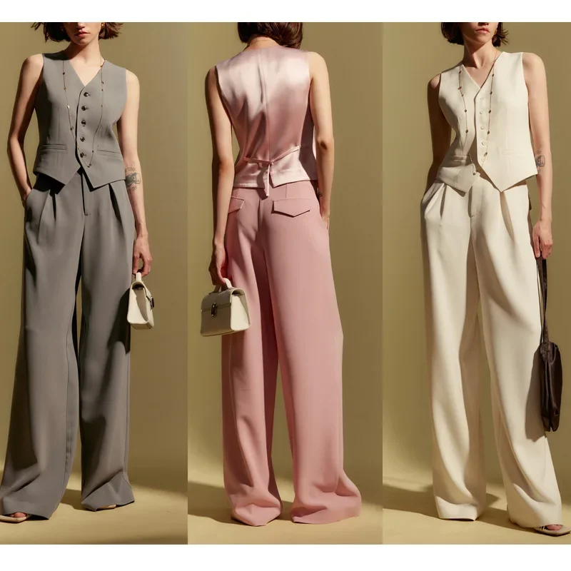 Women Fashion Summer Vest Tailored Trousers Two-piece Pants Suits Design Sense Tall Casual Blazers Sleeveless Slim Pocket Tops