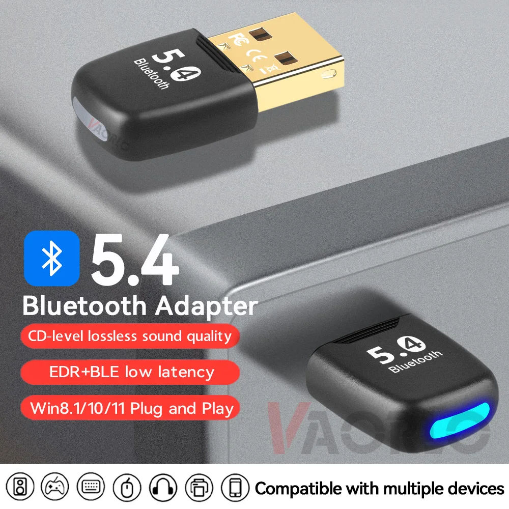 USB Bluetooth 5.4 Dongle Adapter Multipoint Connection Computer Wireless Mouse Keyboard Receiver Music Audio Transmitter