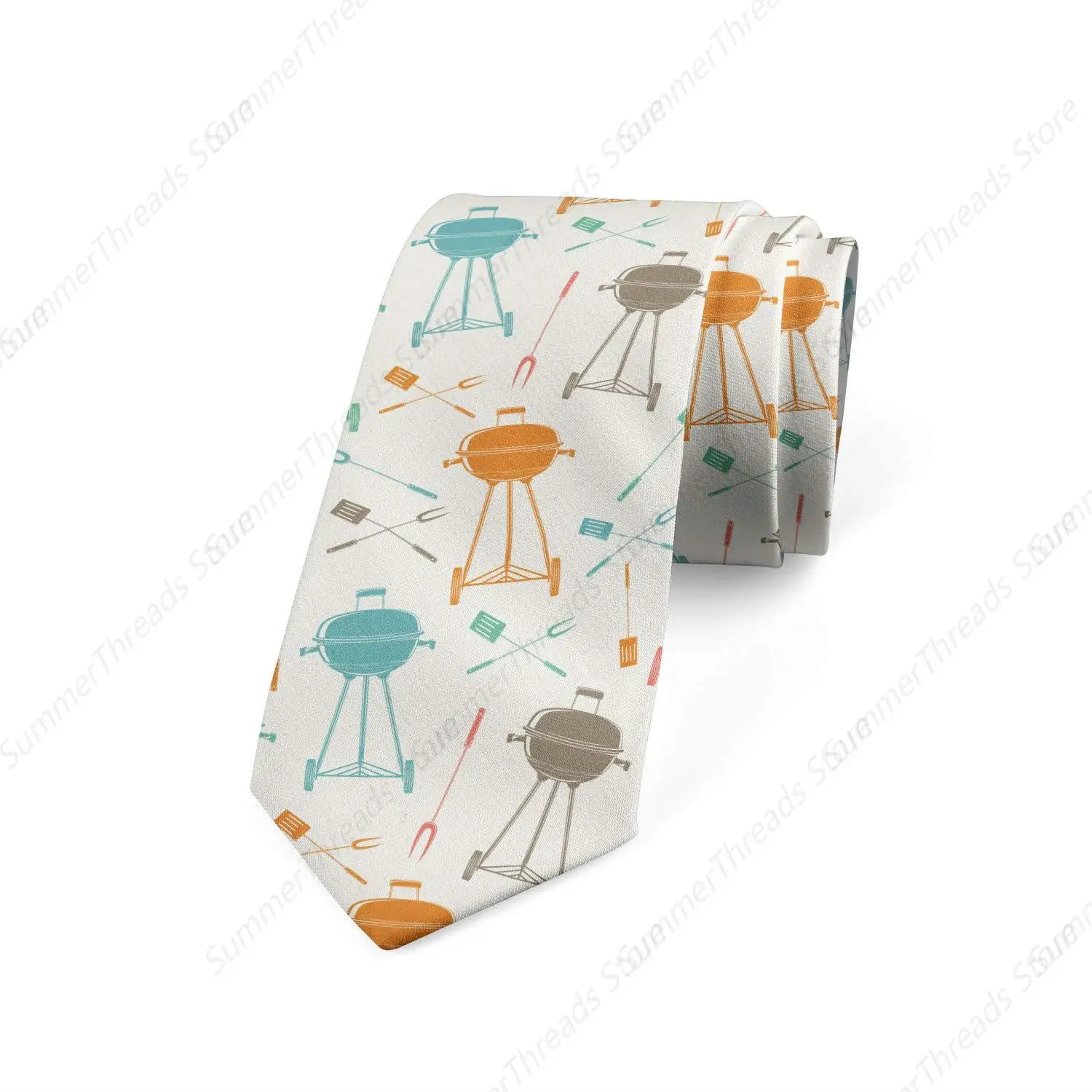 Necktie, Retro Barbecue Grill Elements Taupeteal Tie