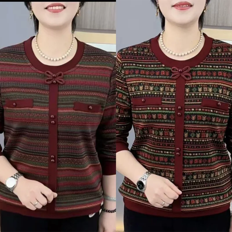 Warm Fleece round Neck Long Sleeve T-Shirt for Middle-Aged And Elderly Women with  Knot Slimming Stripes Casual Style