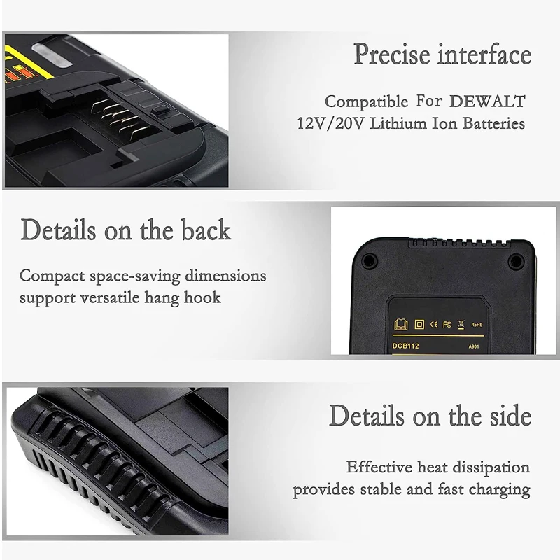 DCB112 ładowarka akumulatorów litowych dla Dewalt 10.8V 12V 14.4V 18V 20V DCB206 DCB205 DCB204 DCB203 DCB120 DCB107 DCB115 DCB105