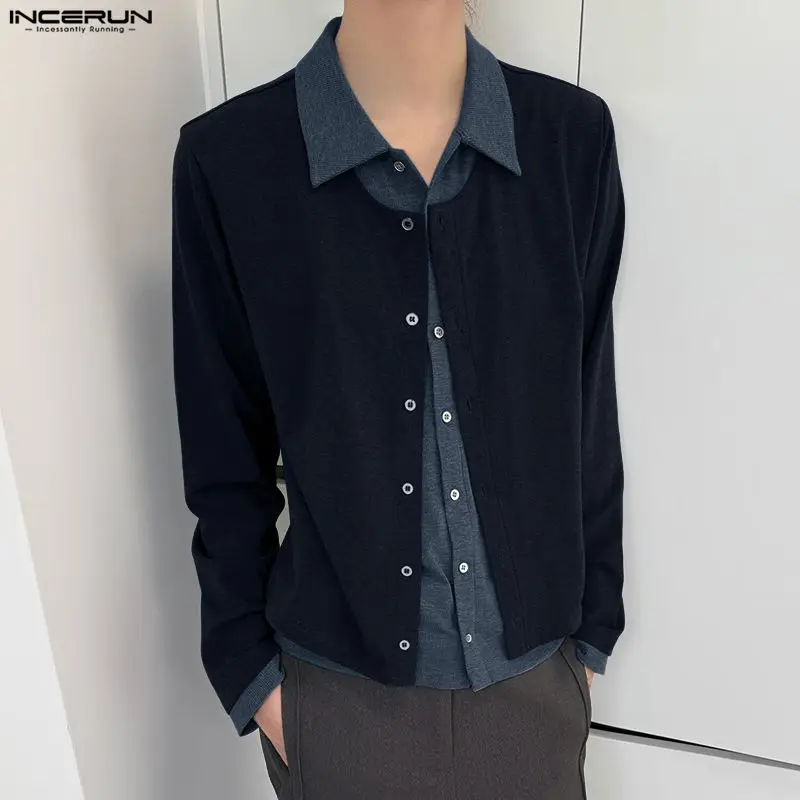 INCERUN Men Shirt Patchwork Lapel Long Sleeve Button Casual Men Clothing Loose Color-block Streetwear 2026 Fashion Male Tops