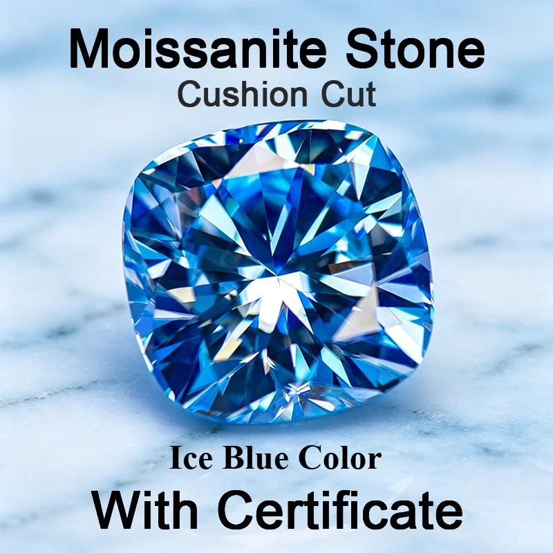 Moissanite Stone Cushion Cut Ice Blue Color Gemstone for DIY Charms Jewelry Making Materials Pass Diamond Teste with Certificate