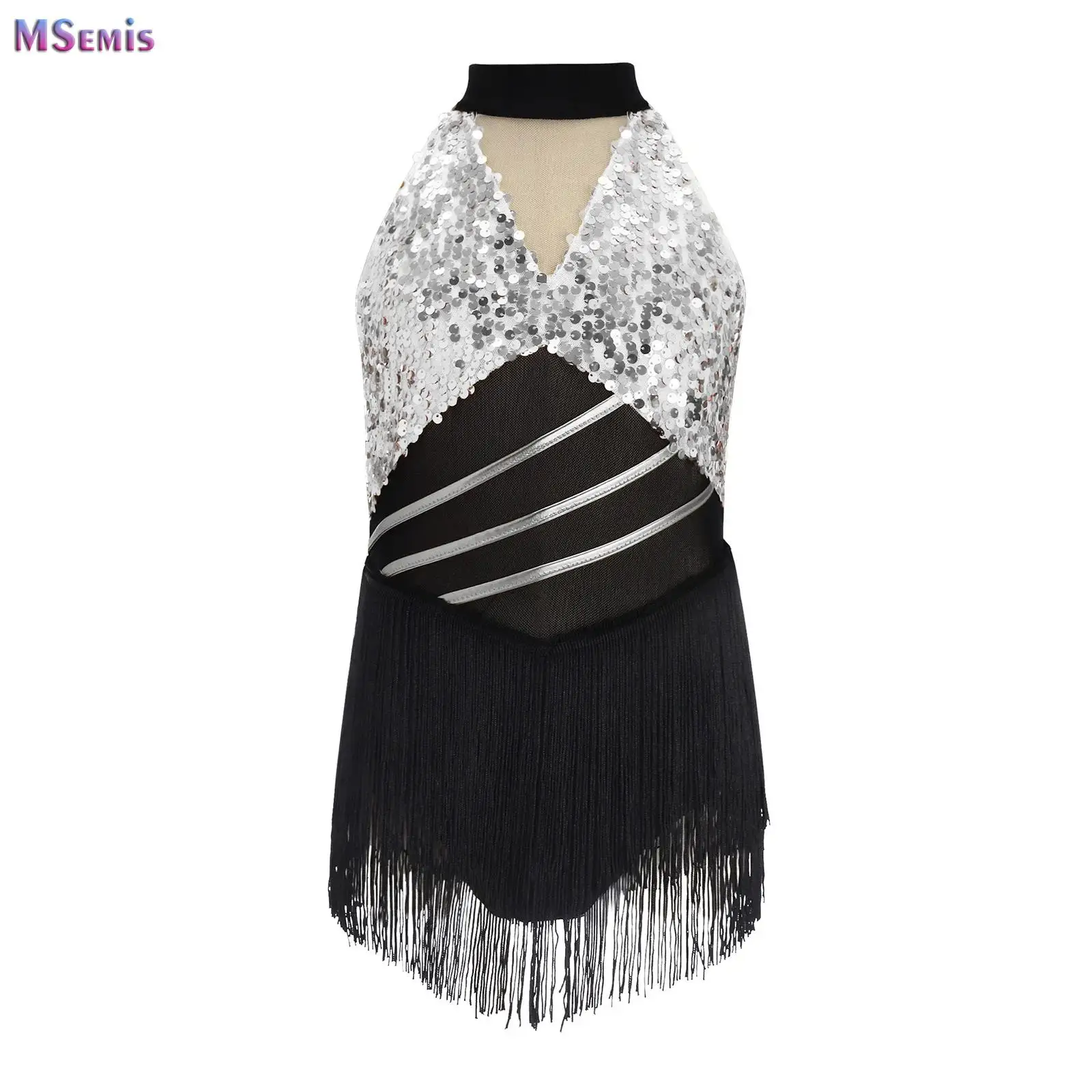 

Big Girls Shiny Sequins Figure Skating Ballet Dance Competition Dress Sleeveless Tassels Hem Kids Lyrical Modern Stage Dancewear