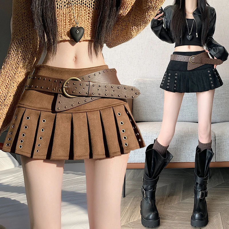 

В комплект входит пояс: осень-зима 2025: замшевая плиссированная мини-юбка с высокой талией, короткие юбки трапециевидной формы для миниатюрных женщин